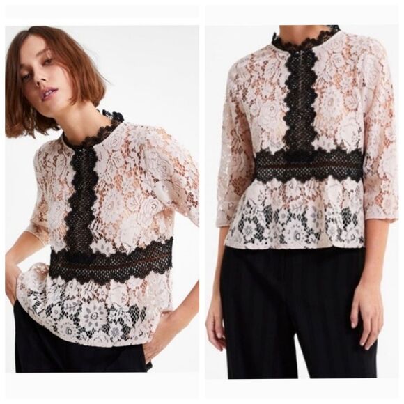 Zara Nude Black Lace High Neck 3/4 Sleeve Peplum Top Blouse Size Small - Picture 1 of 10